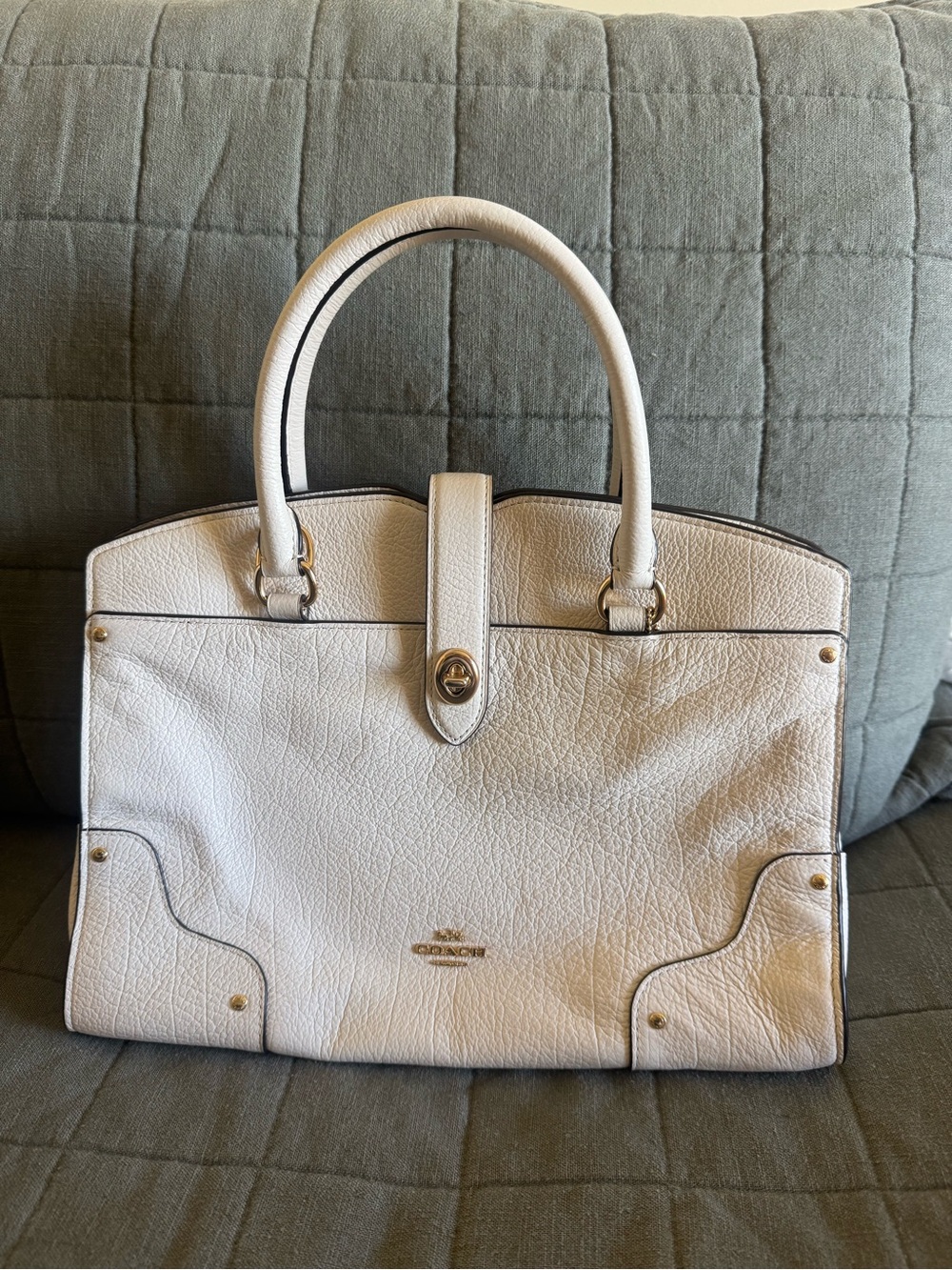 Coach Mercer 30 Satchel in White Pebbled Leather with Gold tone Hardware